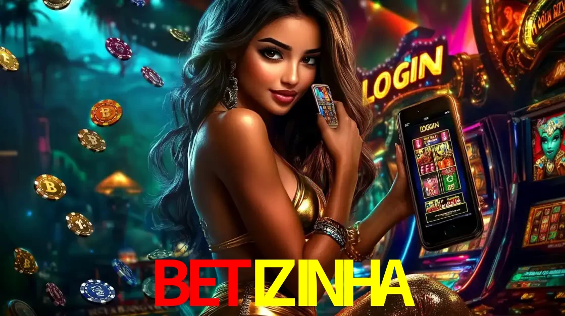 Mulher em um cenário de cassino temático de aventura, mostrando o app de caça-níqueis da BETIZINHA no celular. Fichas de apostas flutuam ao redor.