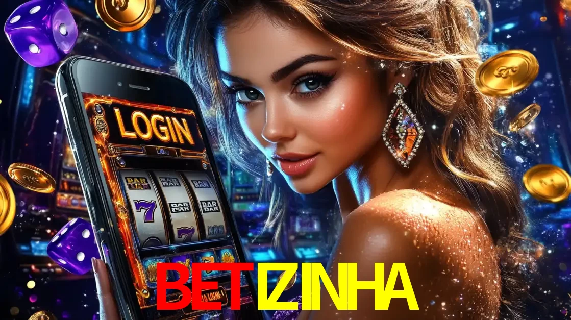 Mulher glamorosa segurando um smartphone com a tela de login para os jogos de caça-níqueis do cassino online BETIZINHA, com moedas de ouro e dados ao redor.