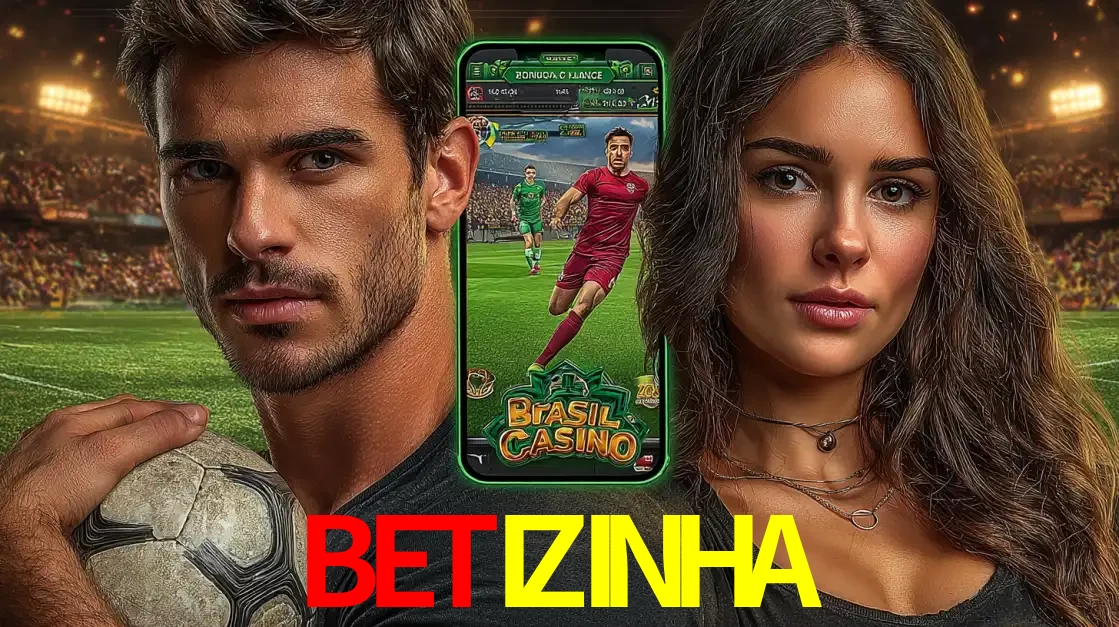 Homem segurando uma bola de futebol e uma mulher ao lado de um smartphone exibindo o jogo de apostas esportivas da BETIZINHA. Faça seu palpite no cassino online.